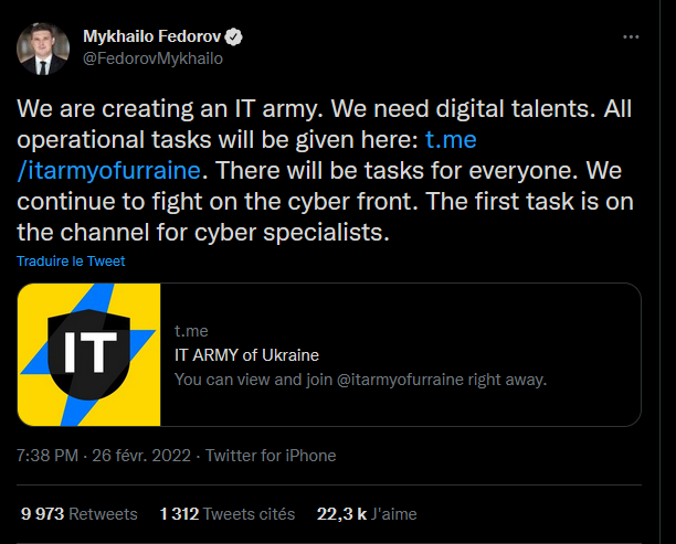 Appel cyber défense du premier ministre ukrainien